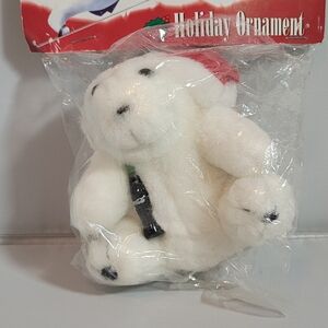 Holiday Ornament White Polar Bear Plush with Red Hat